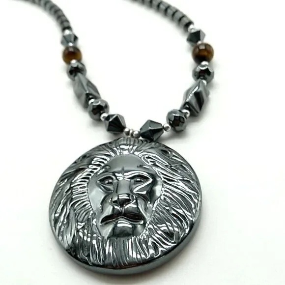Men's/Unisex Hematite Beads & Lion's Head Pendant Necklace w/2 Cat's Eye Beads - Picture 10 of 14